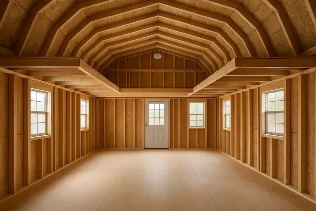 16' Wide Lofted Barn Cabin unfinished interior as delivered