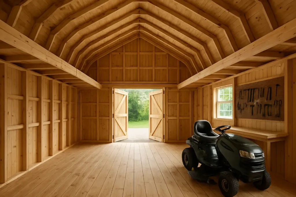 16' Wide Lofted Barn interior staged for storage