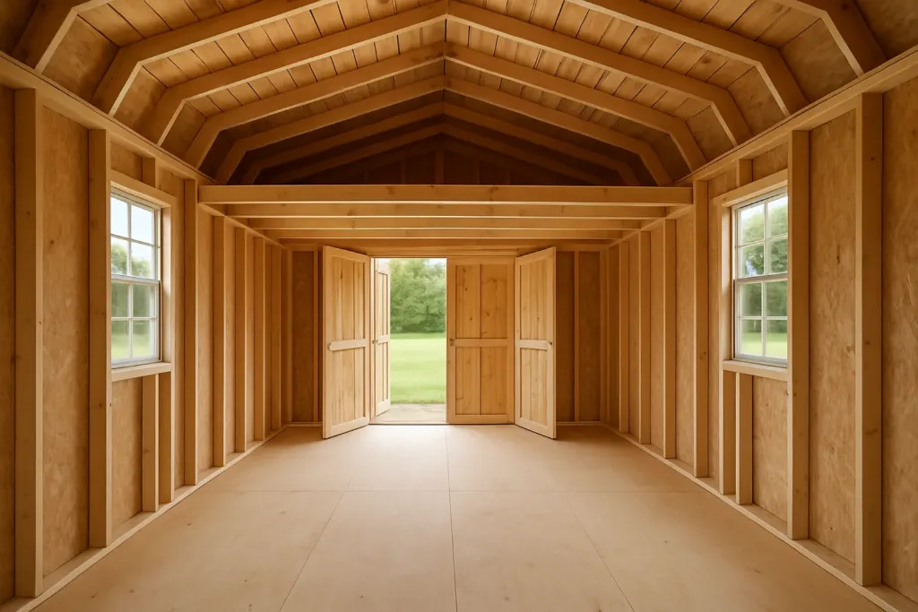 16' Wide Lofted Barn unfinished interior as delivered