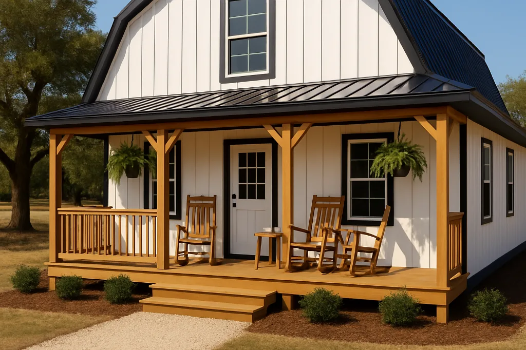 16x30 Lofted Barn Cabin, Finished Home Example front porch and landscaping