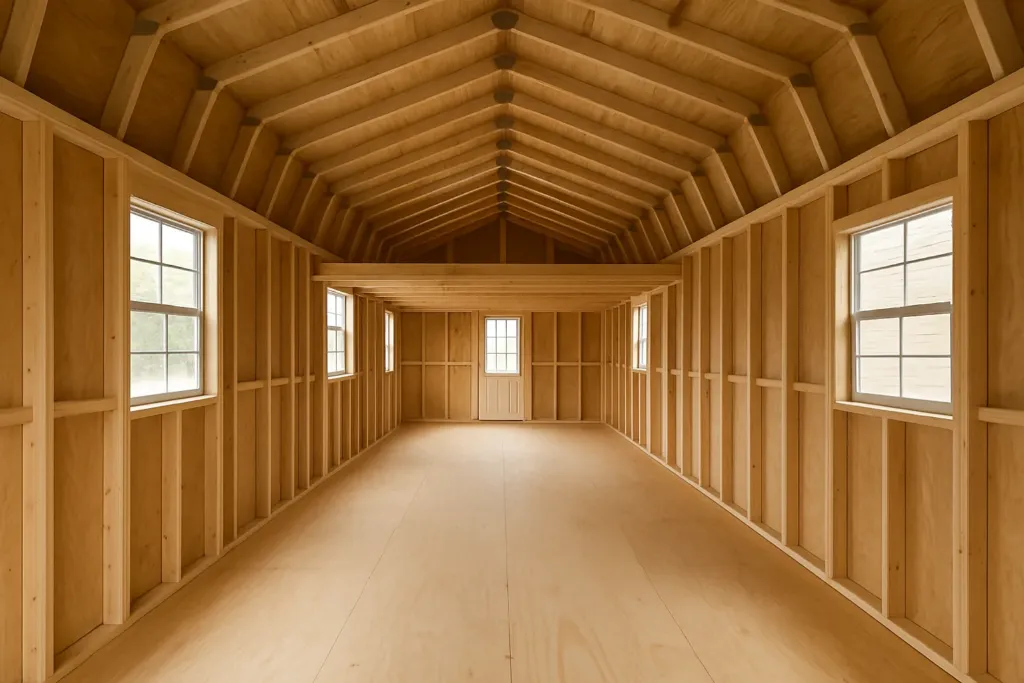 16x30 Lofted Barn Cabin, Finished Home Example unfinished interior as delivered