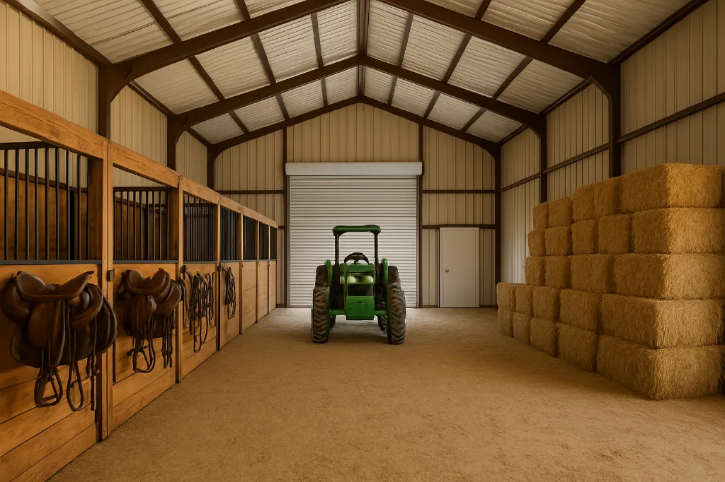 Agricultural Barn 36x35x12 interior staged for storage