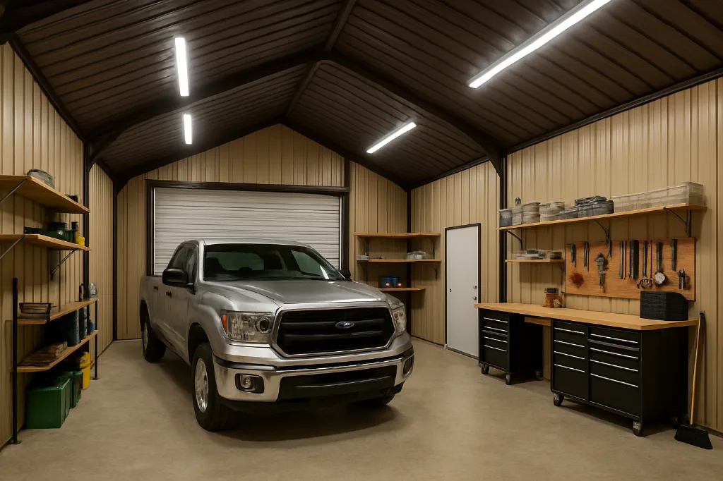 All Vertical Dual Entry Garage 24x40x10 interior staged for storage