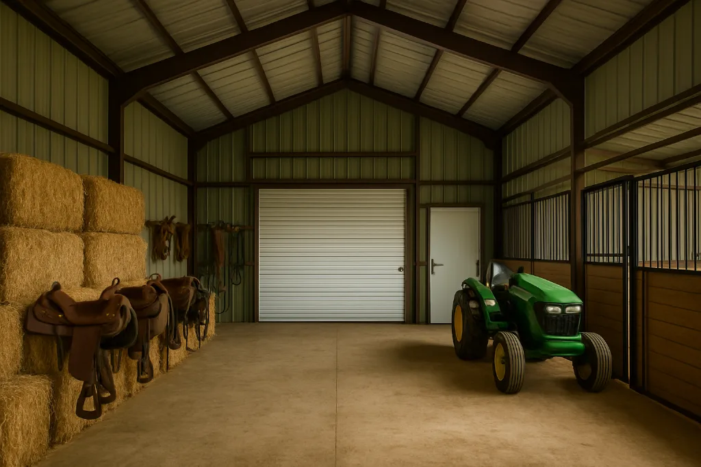 Barn with a Lean To 24x30x10 interior staged for storage
