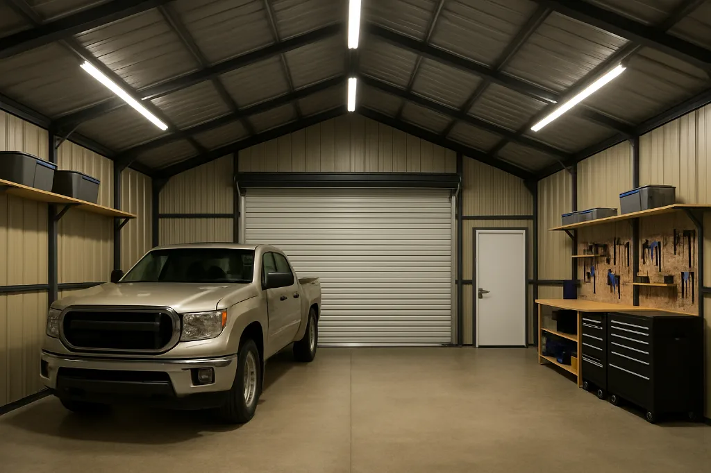 Boxed Eave Garage 30x35x10 interior staged for storage