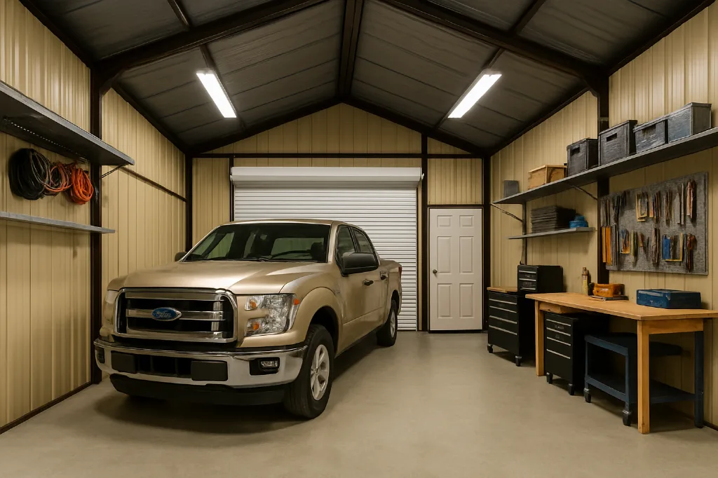 Boxed Eave Roof Colonial Front Entry Garage 18x20x9 interior staged for storage