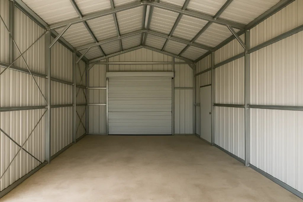 Boxed Eave Roof Front Entry Garage 18x20x9 unfinished interior as delivered