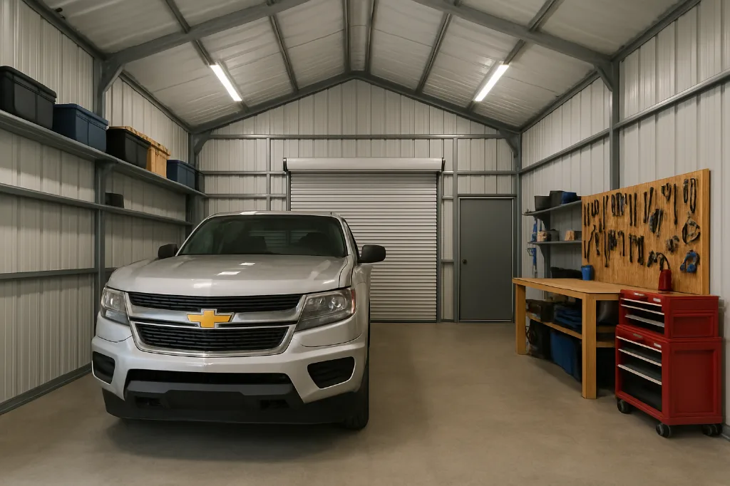 Boxed Eave Roof Front Entry Garage 18x20x9 interior staged for storage