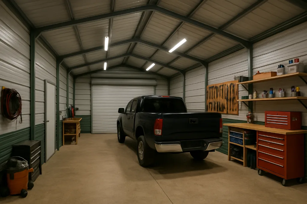 Boxed Eave Roof Front Entry Garage 24x25x9 interior staged for storage