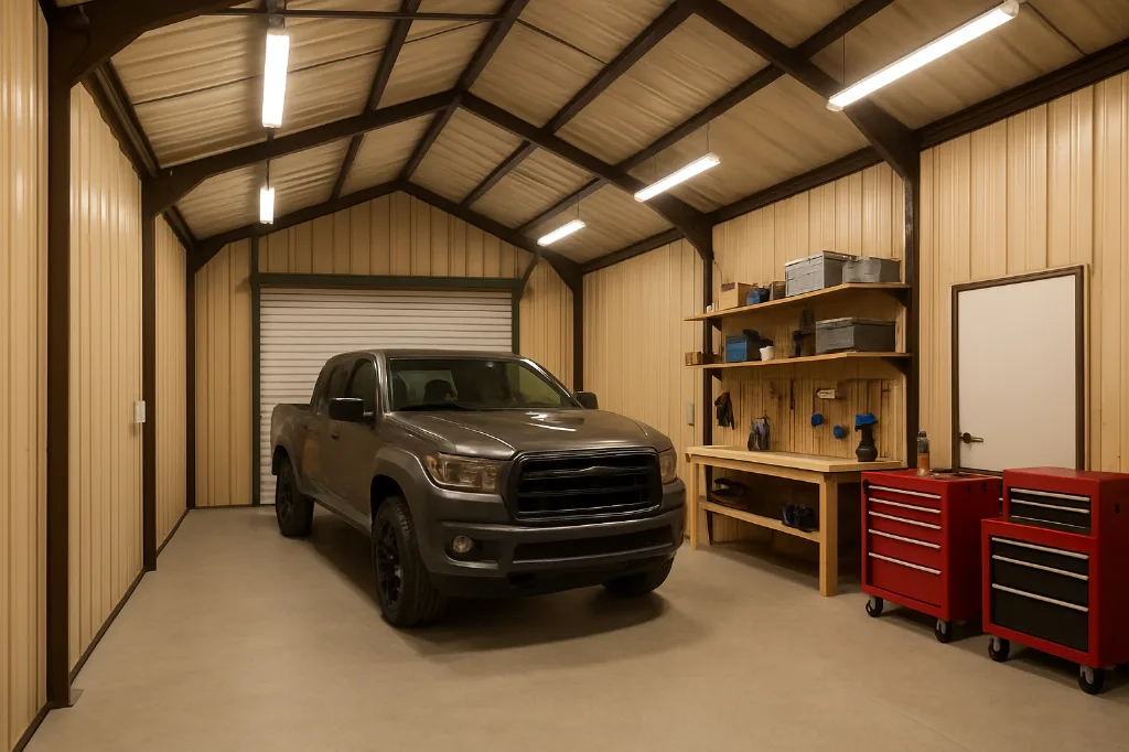 Boxed Eave Roof Front Entry Garage 24x25x9 interior staged for storage