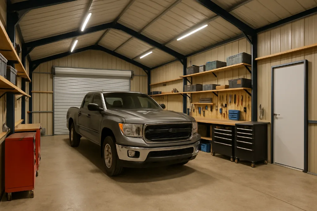 Boxed Eave Roof Front Entry Garage 24x26x10 interior staged for storage