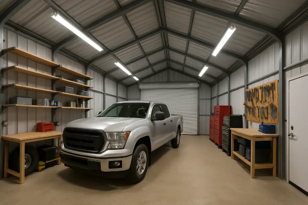 Boxed Eave Roof Front Entry Garage 24x30x12 interior staged for storage