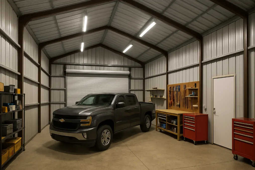 Boxed Eave Roof Front Entry Garage 24x30x9 interior staged for storage