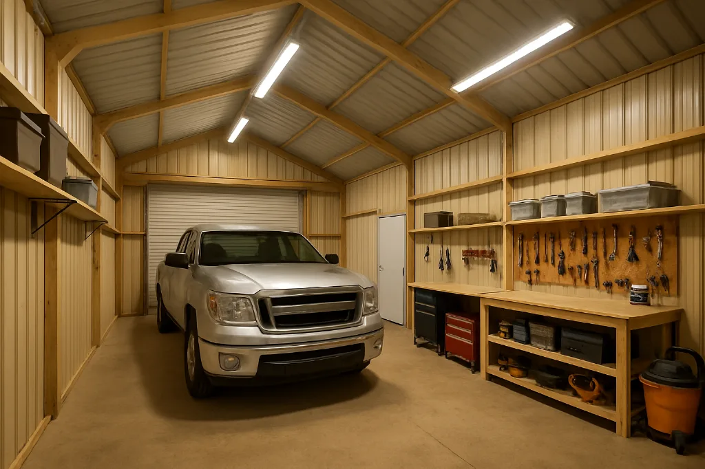 Boxed Eave Roof Front Entry Garage Kit 18x20x9 interior staged for storage