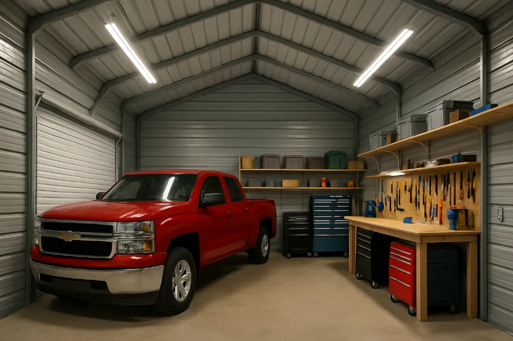 Boxed Eave Roof Garage 20x35x9 interior staged for storage