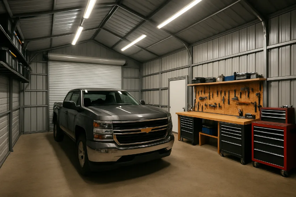 Boxed Eave Roof Garage 24x40x13 interior staged for storage