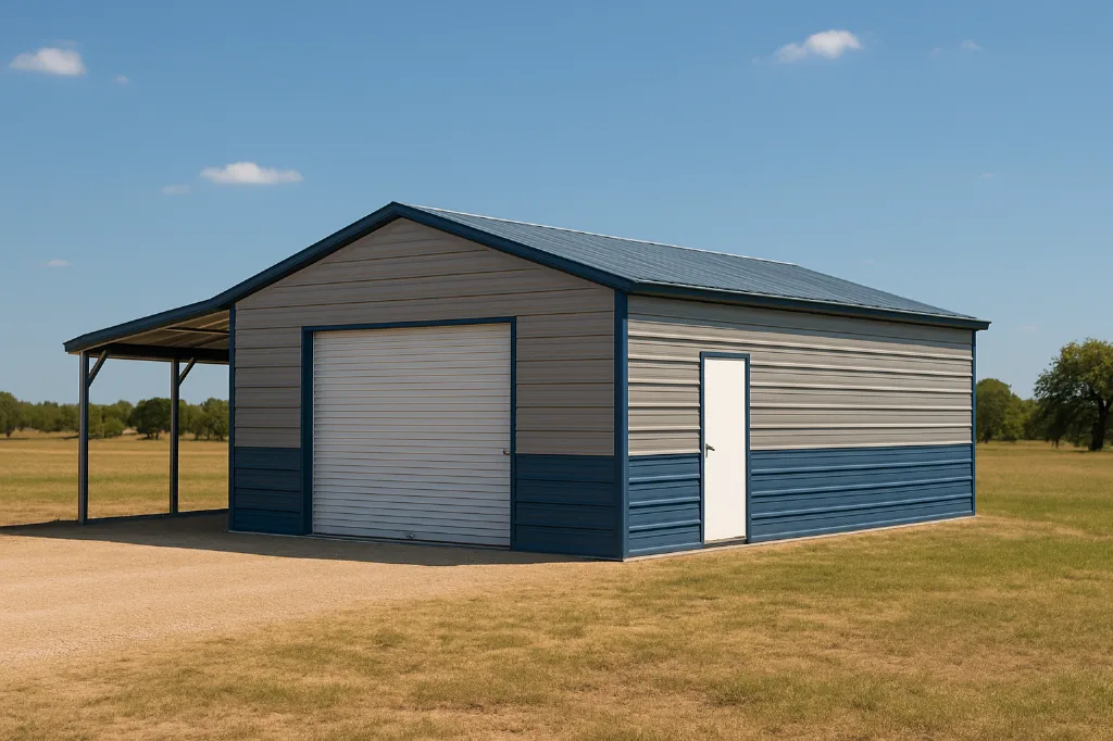 Boxed Eave Roof Garage with Lean To Cover 24x25x11 exterior view