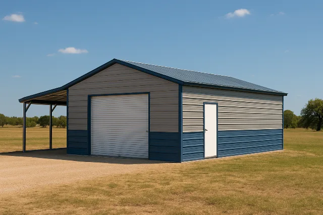 Boxed Eave Roof Garage with Lean To Cover 24x25x11 for sale, outside view