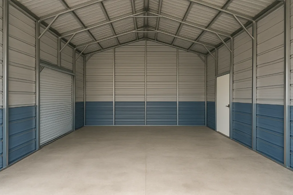 Boxed Eave Roof Garage with Lean To Cover 24x25x11 unfinished interior as delivered