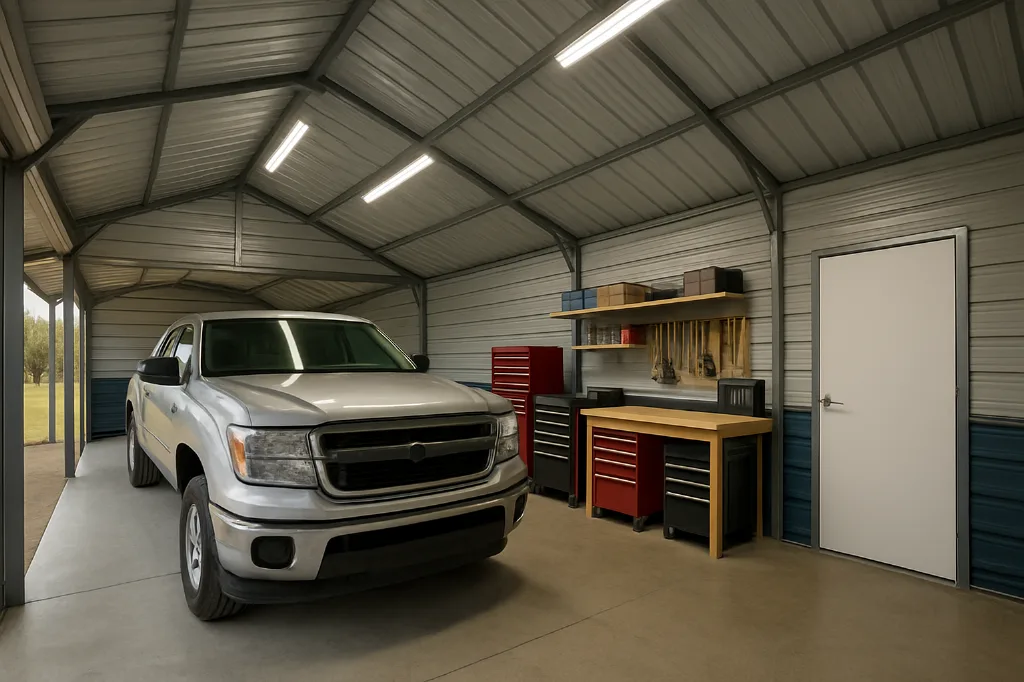 Boxed Eave Roof Garage with Lean To Cover 24x25x11 interior staged for storage