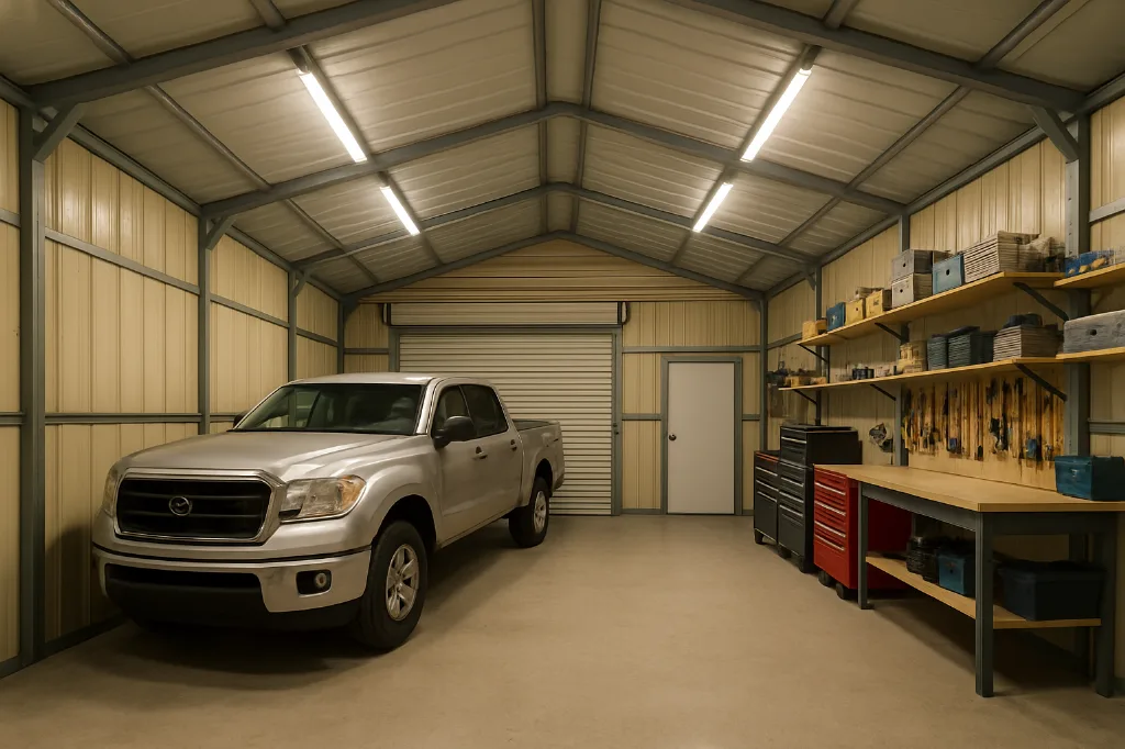 Boxed Eave Roof Side Entry Garage 20x20x9 interior staged for storage