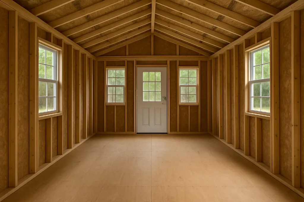 Cabin Shed with Porch unfinished interior as delivered