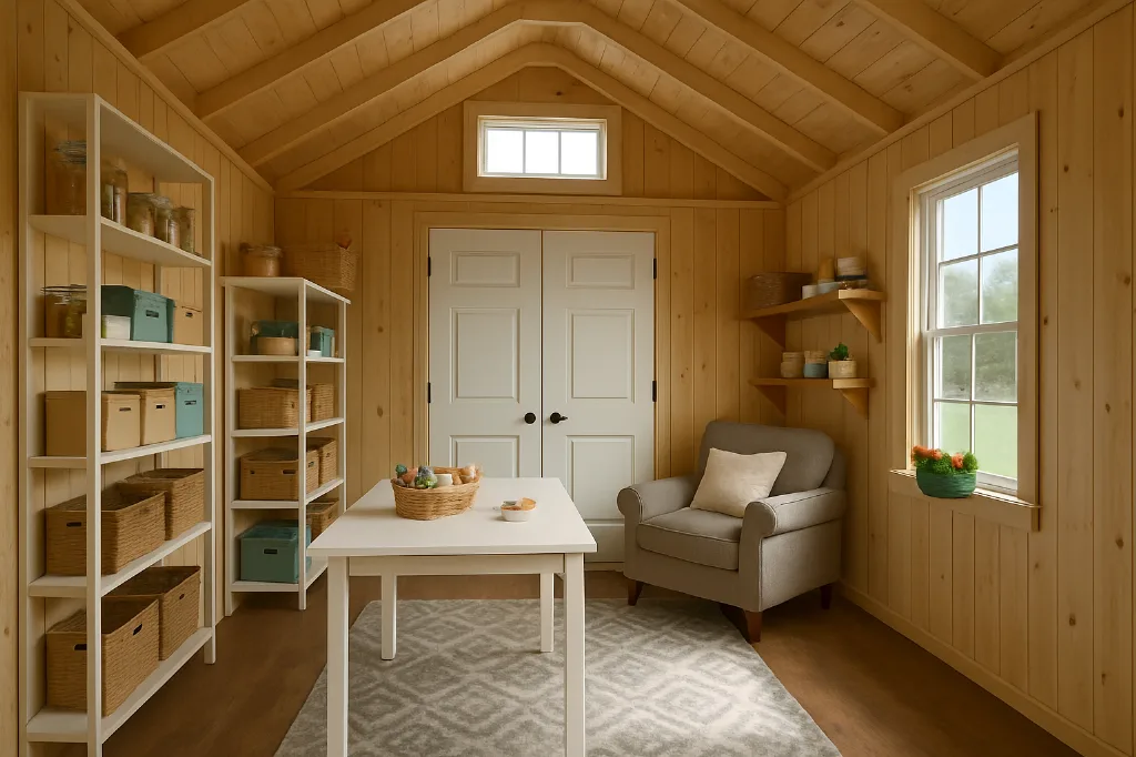 Cottage Shed interior staged for storage