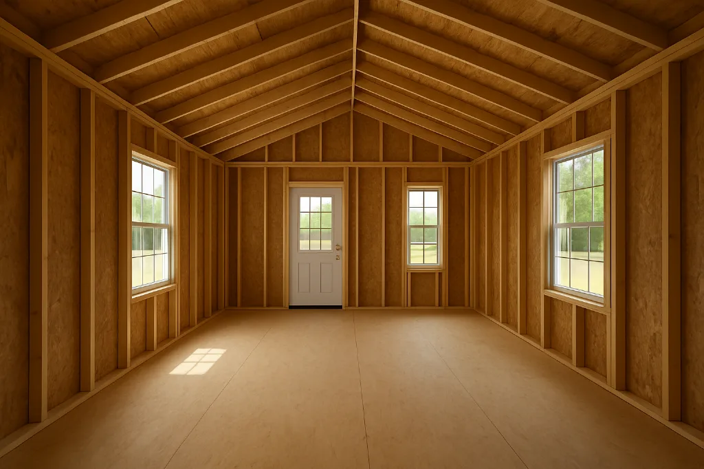 Deluxe Wrap-Around Porch Cabin unfinished interior as delivered