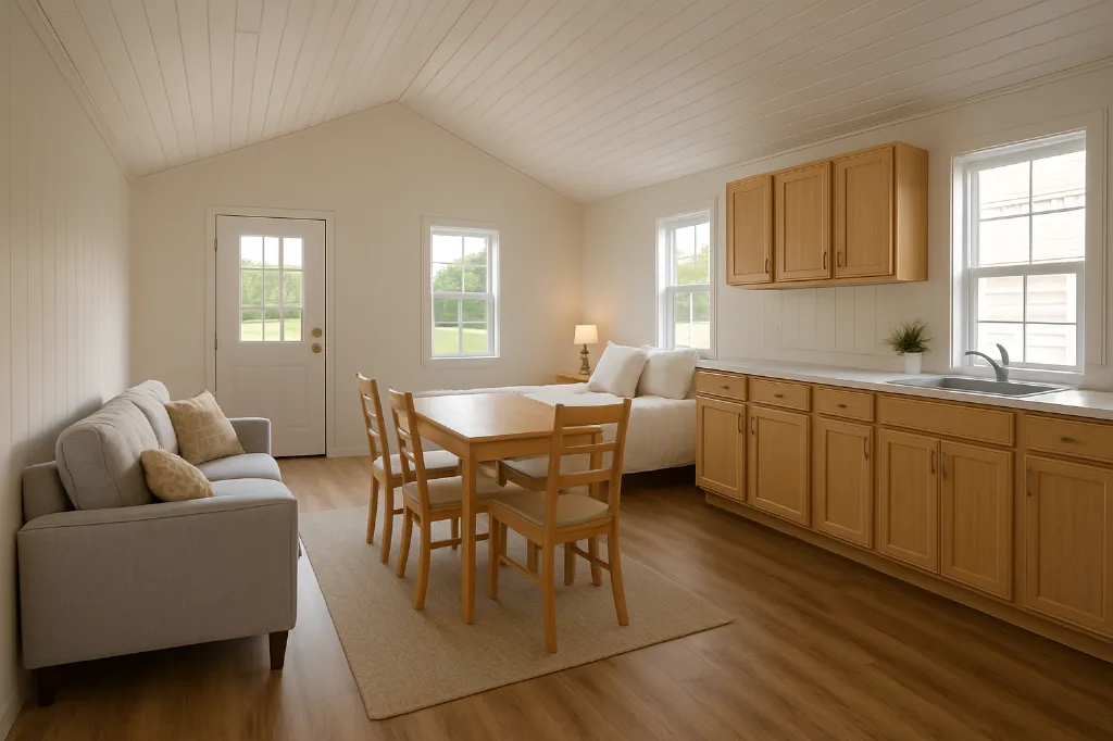 Deluxe Wrap-Around Porch Cabin interior staged for storage