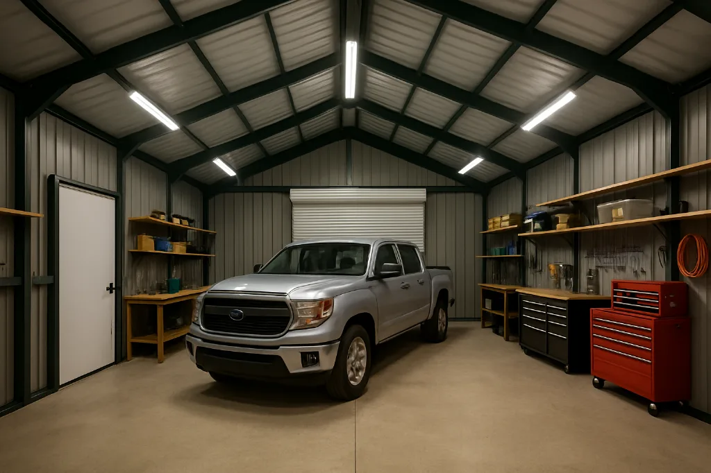 Garage with Front Cover 30x40x12 interior staged for storage