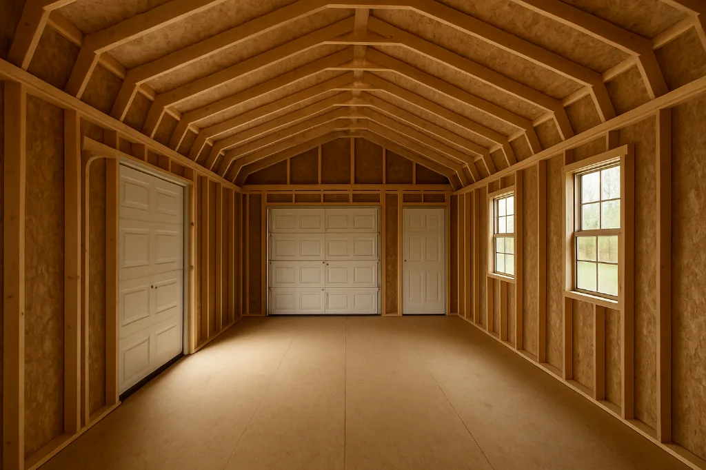 Lofted Barn Garage unfinished interior as delivered