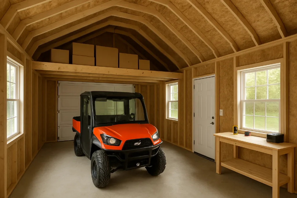 Lofted Barn Garage interior staged for storage