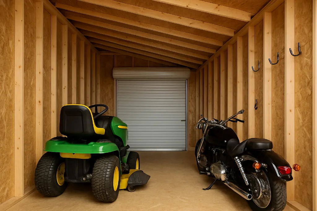 Metro Shed Garage interior staged for storage