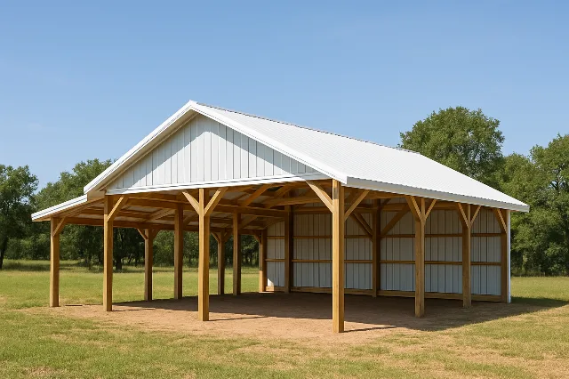 Open Span Pole Barn with Enclosed Lean To 32x40x16 for sale, outside view