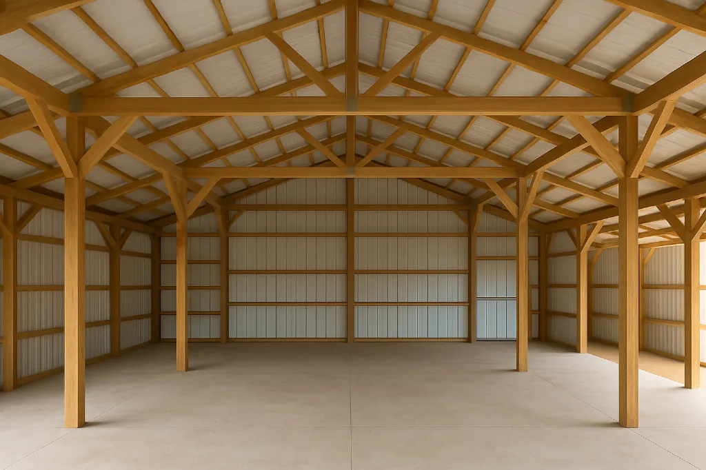 Open Span Pole Barn with Enclosed Lean To 32x40x16 unfinished interior as delivered
