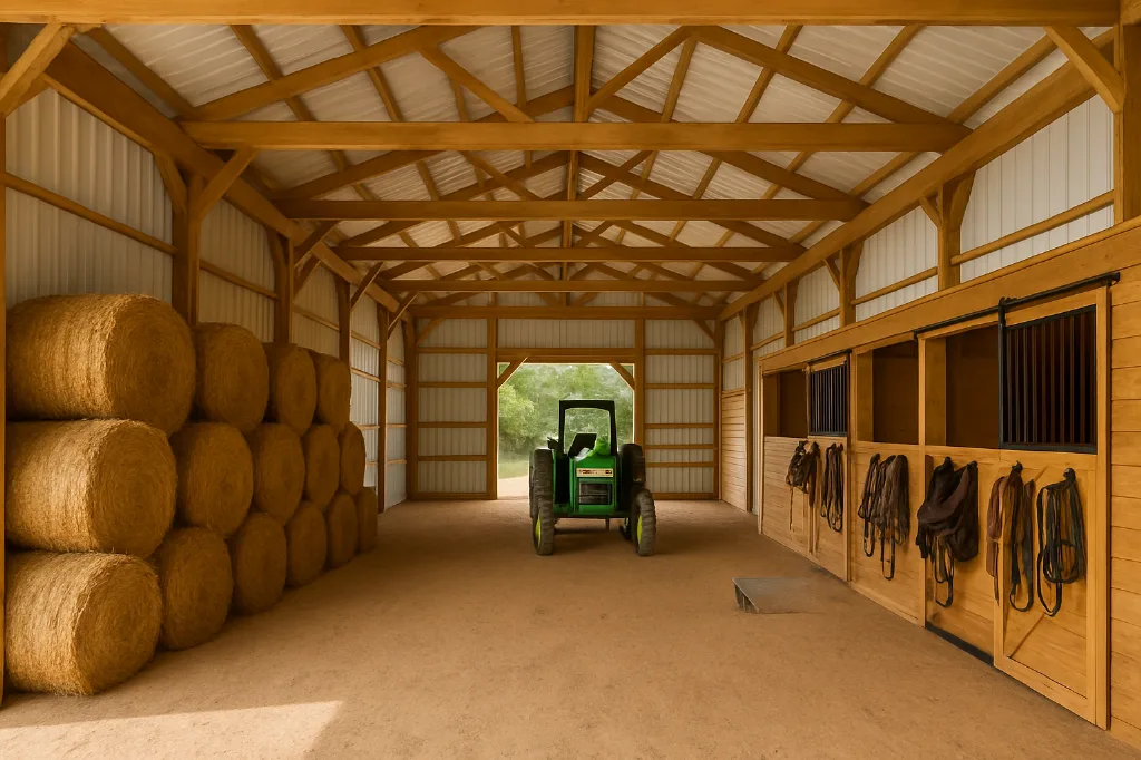 Open Span Pole Barn with Enclosed Lean To 32x40x16 interior staged for storage