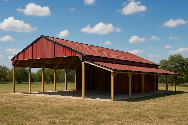 Open Span Pole Barn with Enclosed Lean To & Cover 36x72x16 for sale, outside view