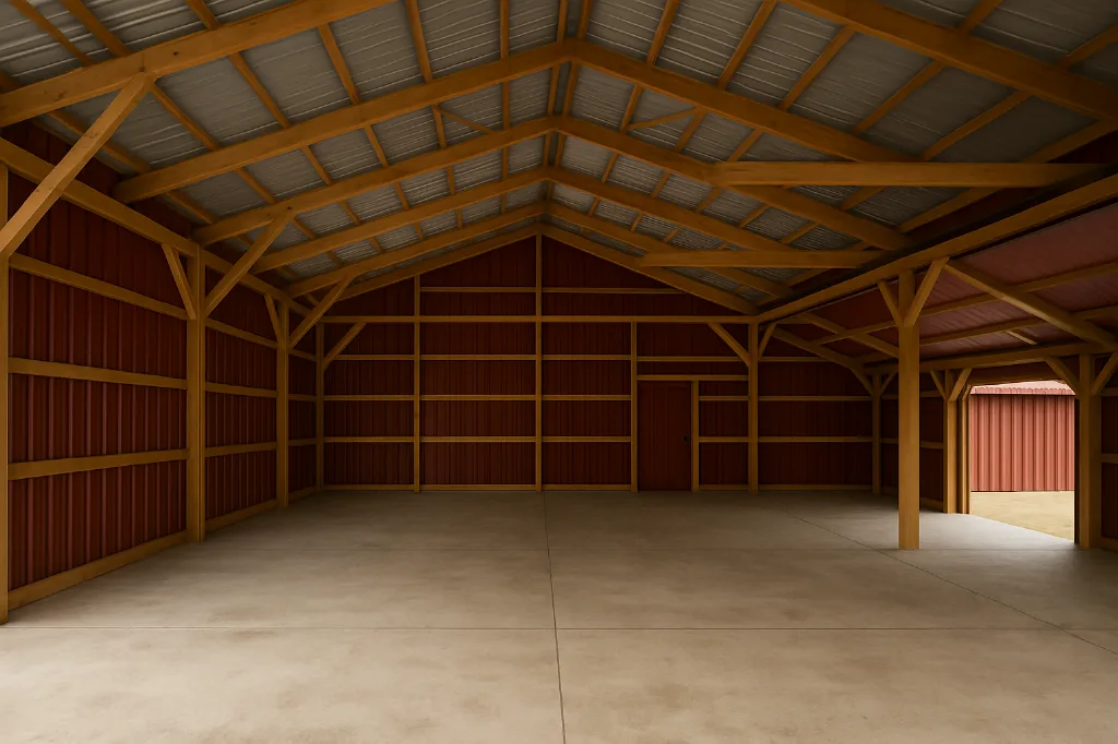 Open Span Pole Barn with Enclosed Lean To & Cover 36x72x16 unfinished interior as delivered