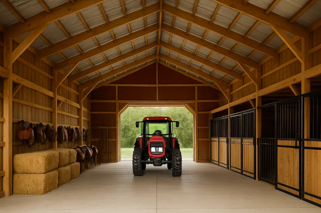 Open Span Pole Barn with Enclosed Lean To & Cover 36x72x16 interior staged for storage