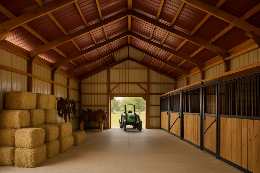 Raised Center Aisle Pole Barn 36x24x14 interior staged for storage