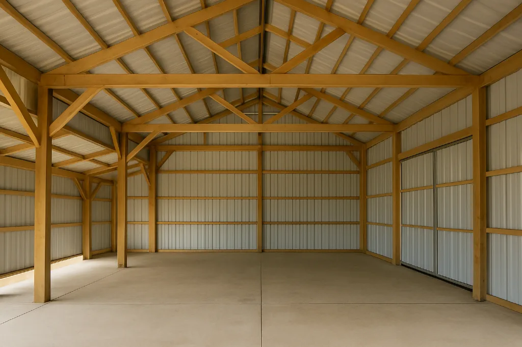 Raised Center Aisle Pole Barn 36x36x14 unfinished interior as delivered