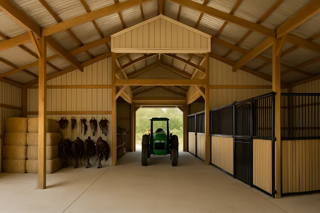 Raised Center Aisle Pole Barn 36x36x14 interior staged for storage