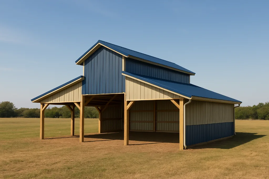 Raised Center Aisle Pole Barn 36x40x16 exterior view