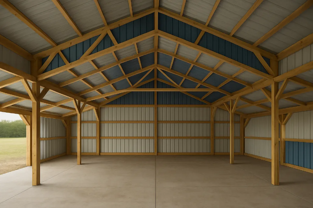 Raised Center Aisle Pole Barn 36x40x16 unfinished interior as delivered