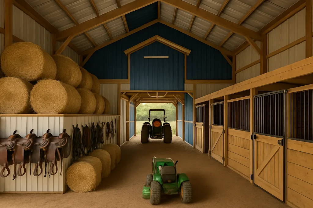 Raised Center Aisle Pole Barn 36x40x16 interior staged for storage