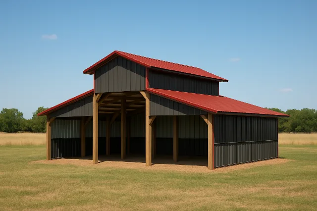 Raised Center Aisle Pole Barn 44x40x14 for sale, outside view