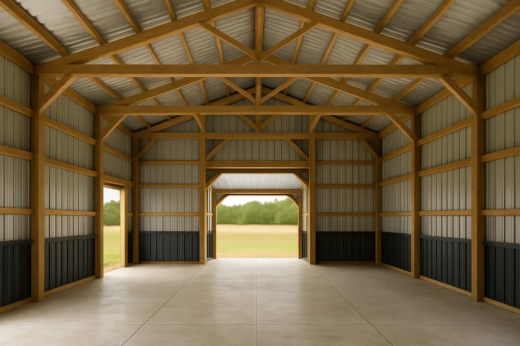 Raised Center Aisle Pole Barn 44x40x14 unfinished interior as delivered