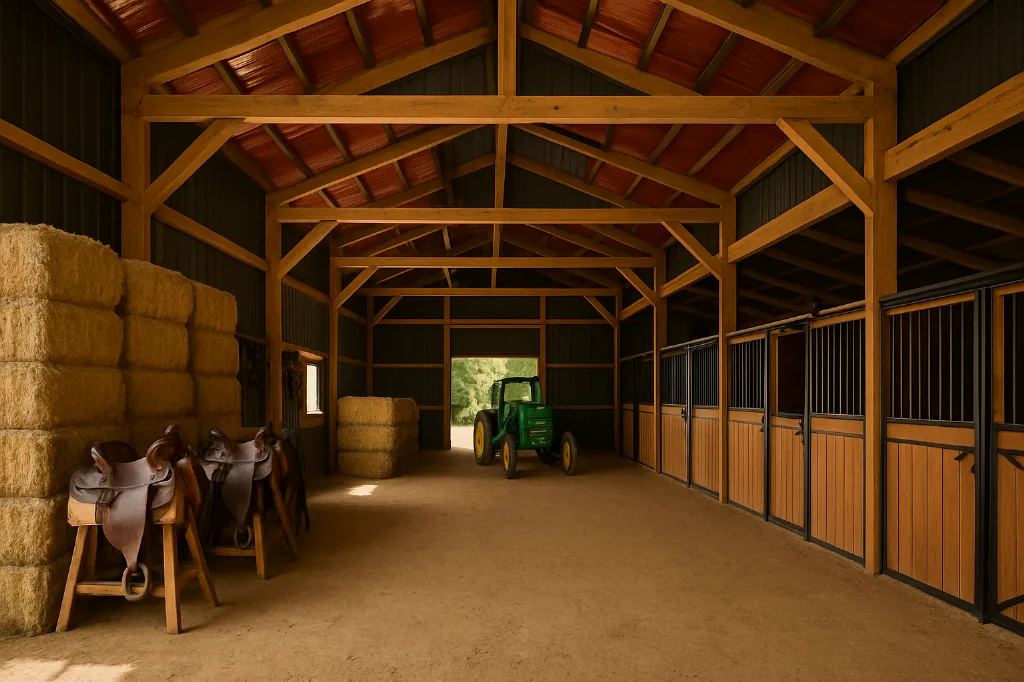 Raised Center Aisle Pole Barn 44x40x14 interior staged for storage