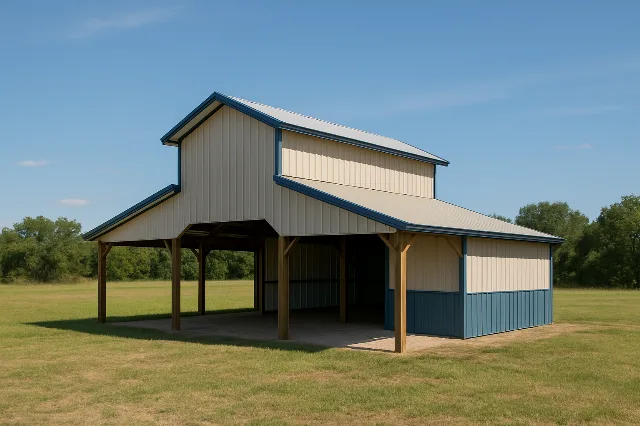 Raised Center Aisle Pole Barn with 2, Lean To's 48x36x16 for sale, outside view