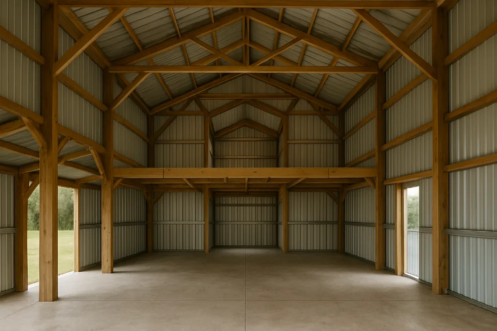 Raised Center Aisle Pole Barn with 2, Lean To's 48x36x16 unfinished interior as delivered